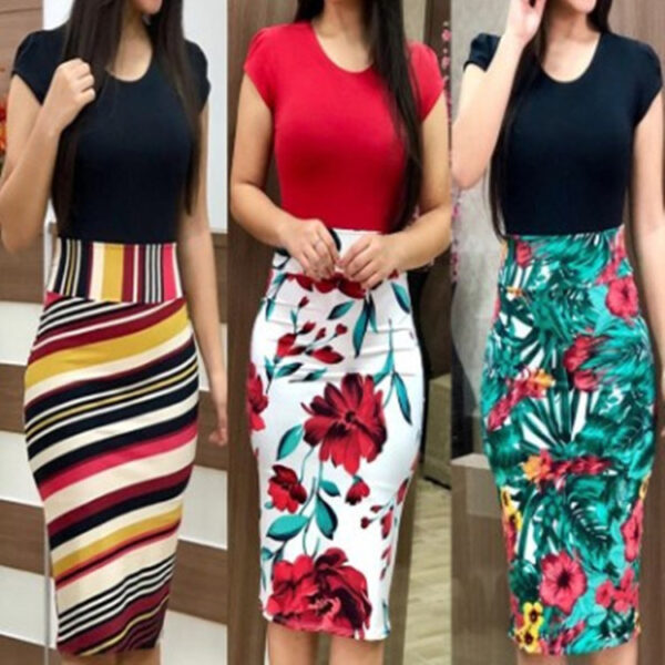 Women’s Elegant Office Dress – Plus Size Printed Midi Pencil Dress